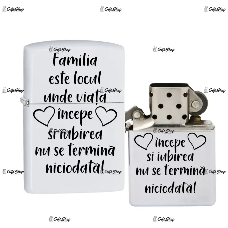 Familia este locul unde ..., bricheta metalica gravata laser cu mesaj